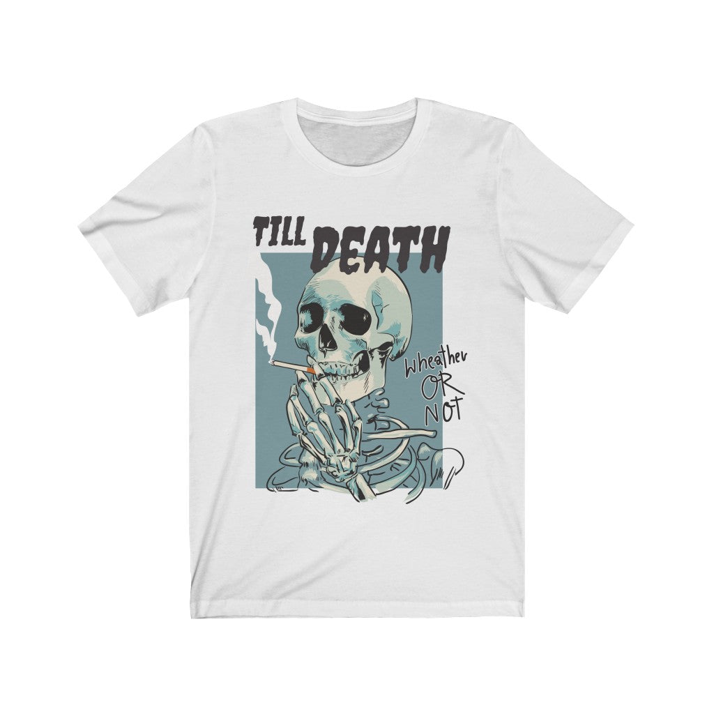 A stylish unisex t-shirt featuring a Smoking Skeleton graphic, made from soft cotton fabric.